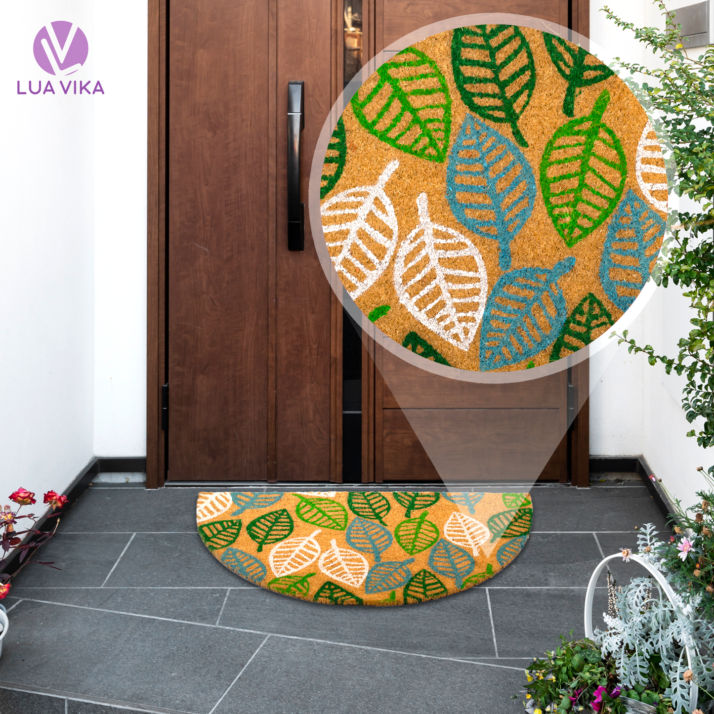 Felpudo de coco natural semicircular Leaves 40x70 cm