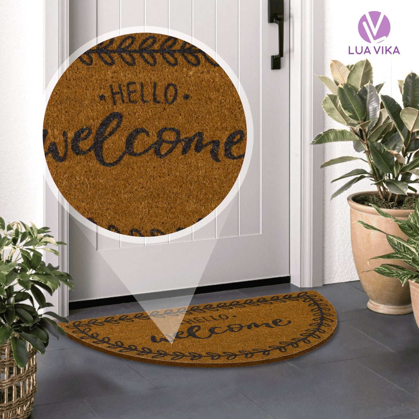 Felpudo de coco natural semicircular Hello Welcome 40x70 cm