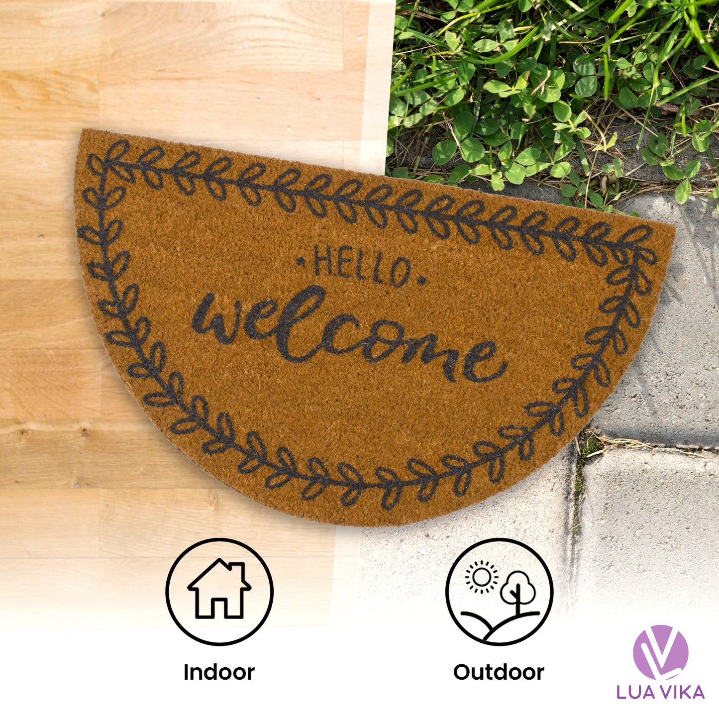 Felpudo de coco natural semicircular Hello Welcome 40x70 cm